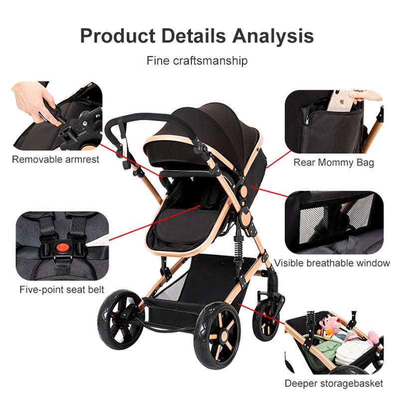 Newborn Baby Bassinet Stroller 3 in 1 High-View Convertible Stroller with Reversible Seat Anti-Shock Pushchair Strollers