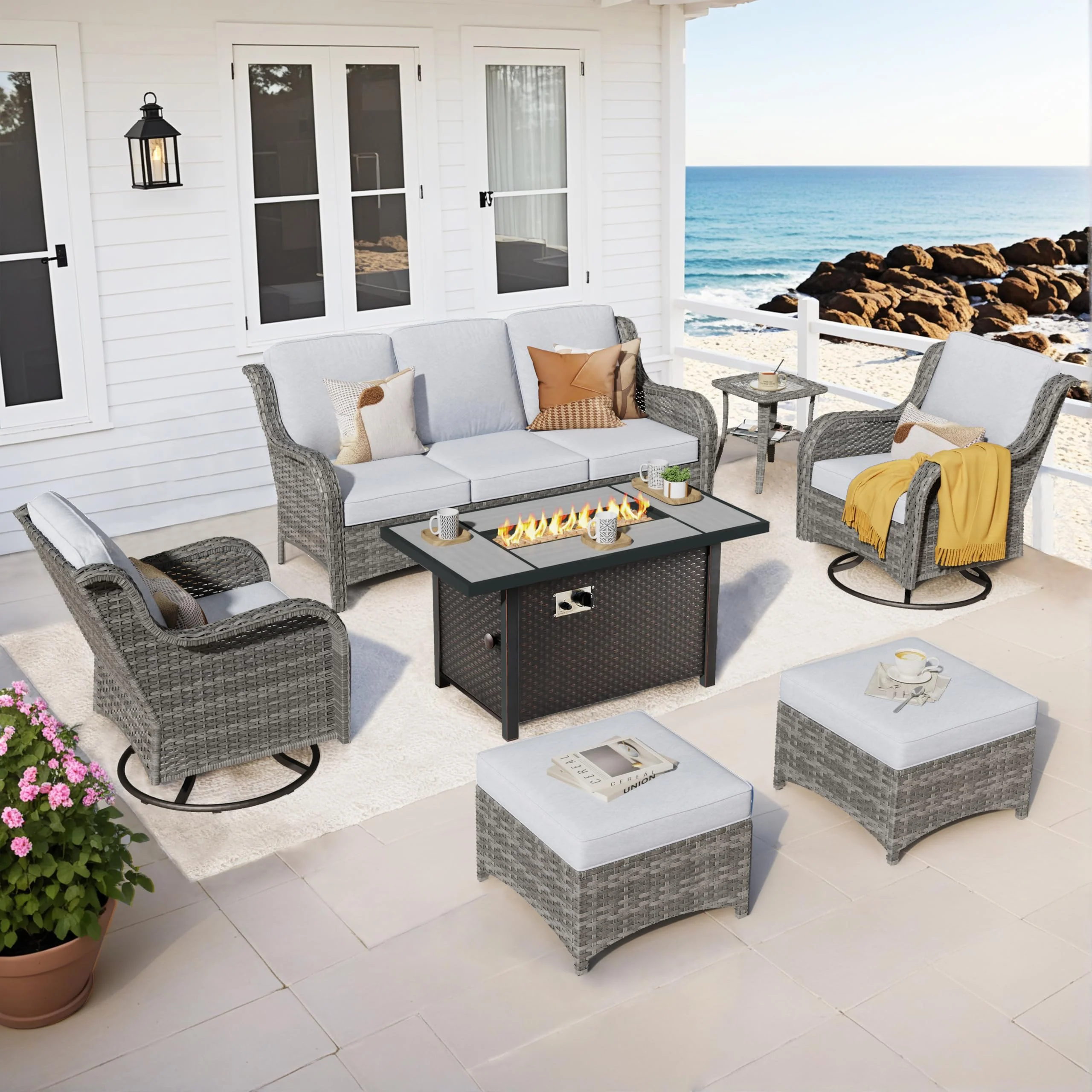 Ovios Outdoor Furniture 7-Piece with 42'' Fire Pit Table and Kenard 2 Rocking Chairs