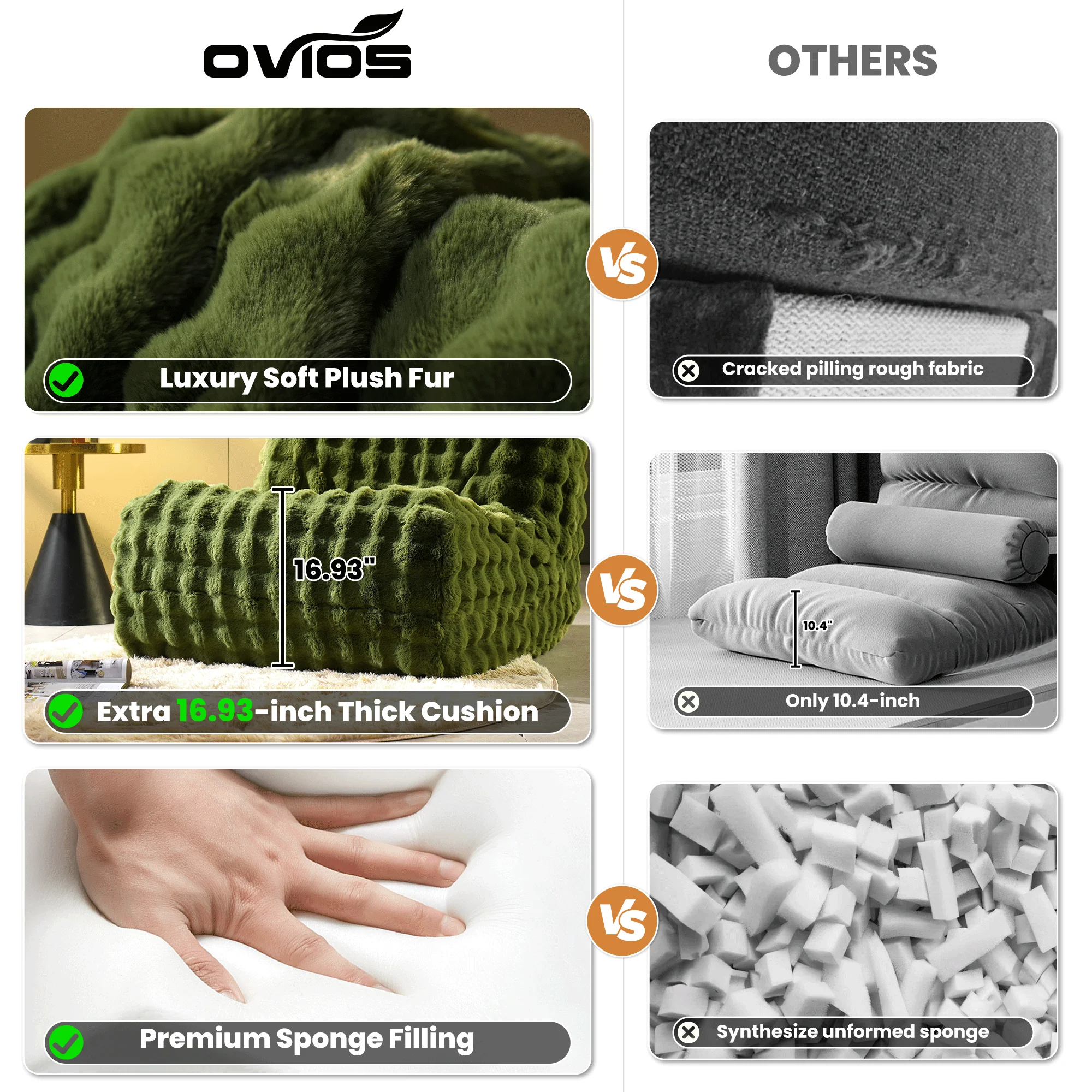 OVIOS Luxurious Fluffy Faux Fur Bean Bag Couch