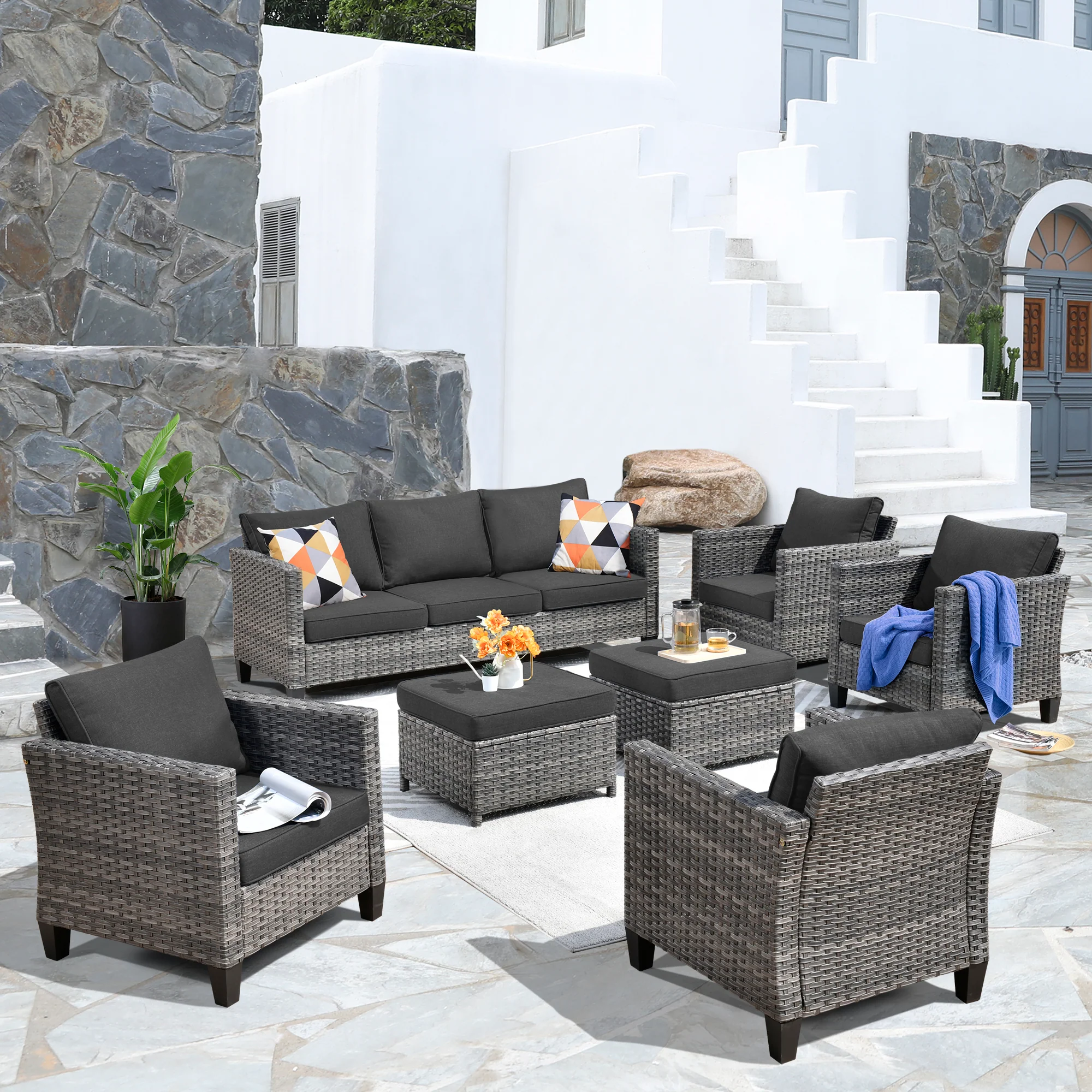 Ovios Patio Furniture Set New Vultros 7-Piece High Back with Cushions
