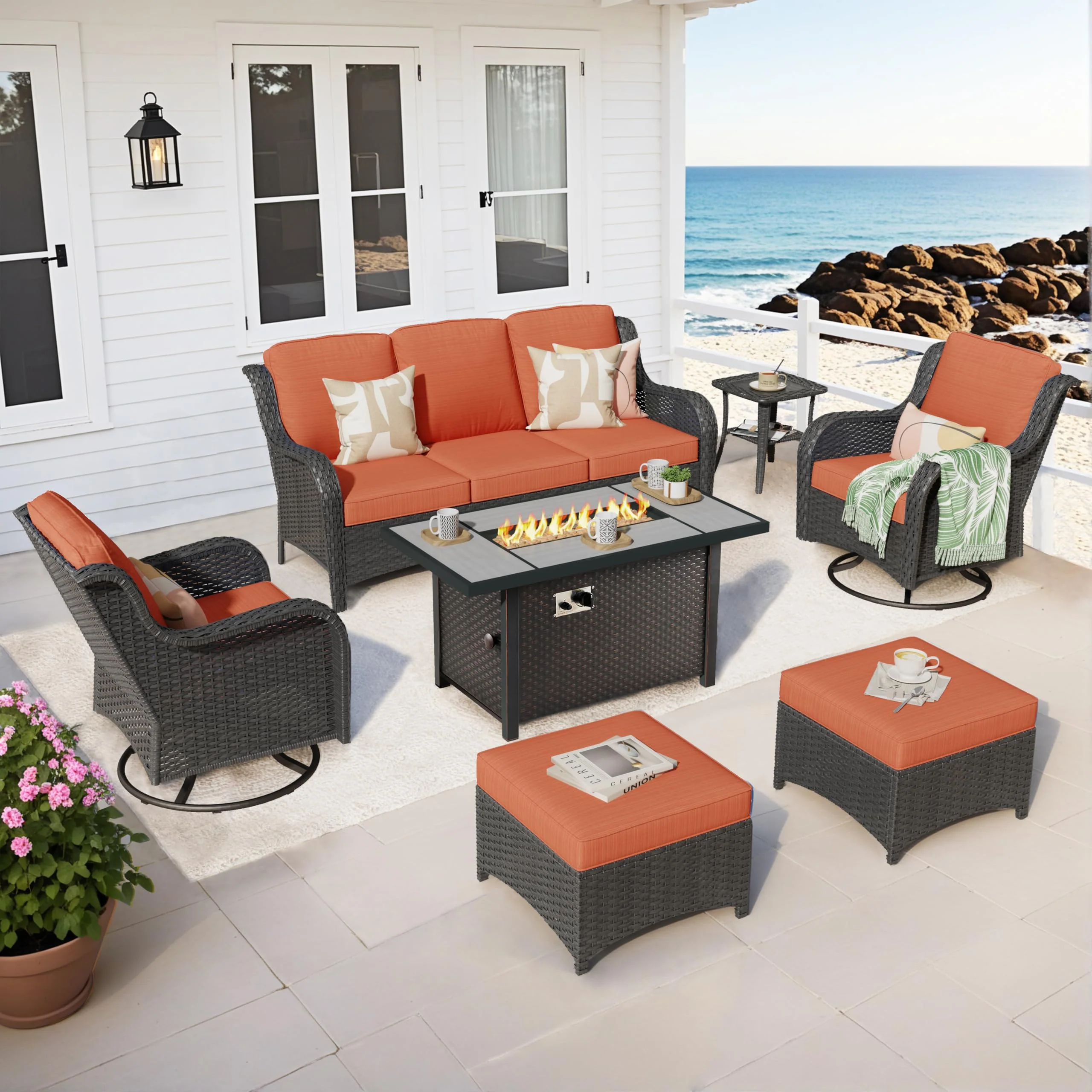 Ovios Outdoor Furniture 7-Piece with 42'' Fire Pit Table and Kenard 2 Rocking Chairs