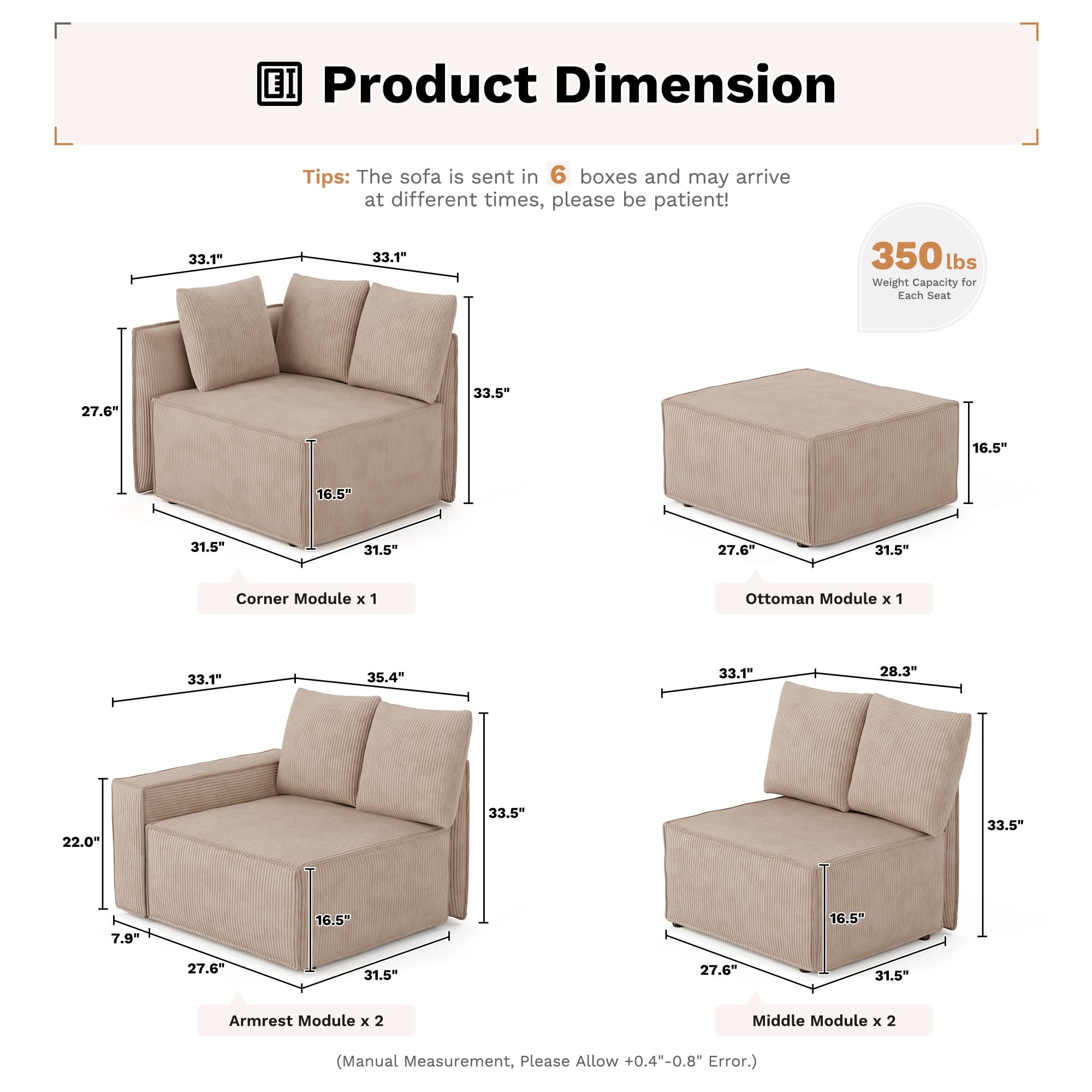 Ovios Living Room Modular Couch 6-Pieces Set, Wide Armrests