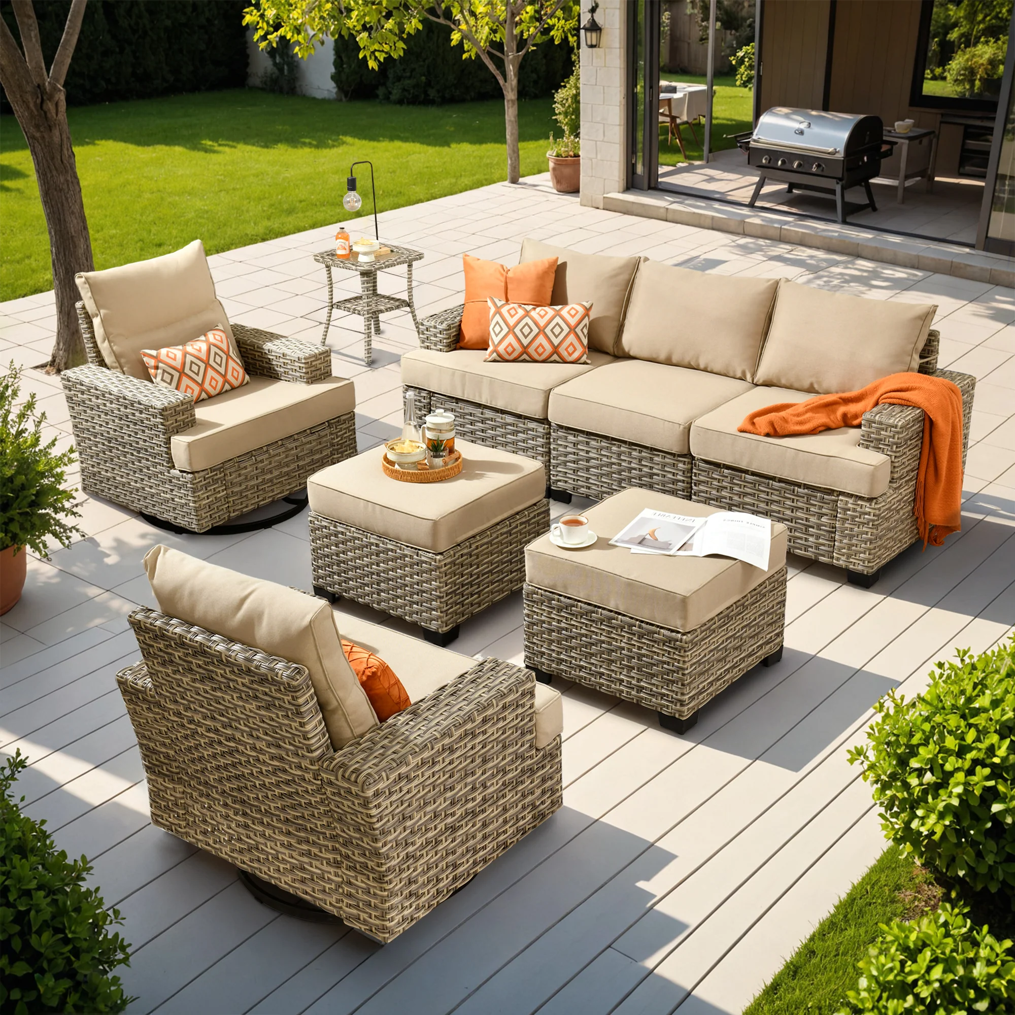 TBS Series - Sectional Patio Furniture Set 8-Piece, Included Swivel Chair