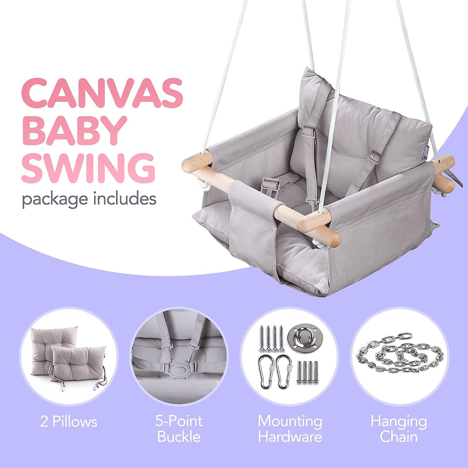 Canvas Baby Swing, Wooden Hanging Swing Seat Chair with Safety Belt, Durable Baby Hammock Chair, Outdoor and Indoor Swing for Kids, Mounting Hardware Included, Ivory