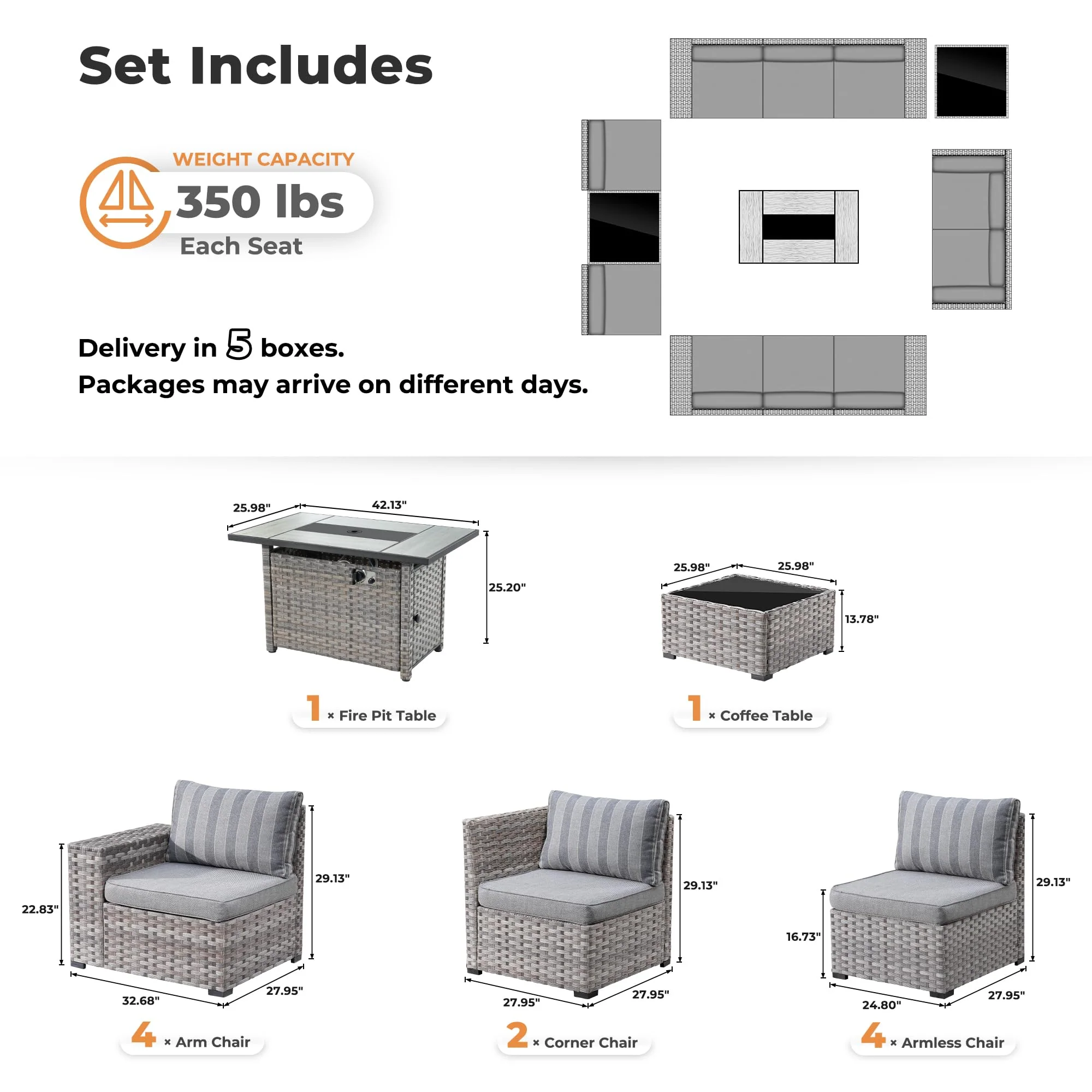 Ovios 13 Pieces Outdoor Furniture with 7.68'' Broad Handrails and Rectangle 42.12'' Fire Pit Table