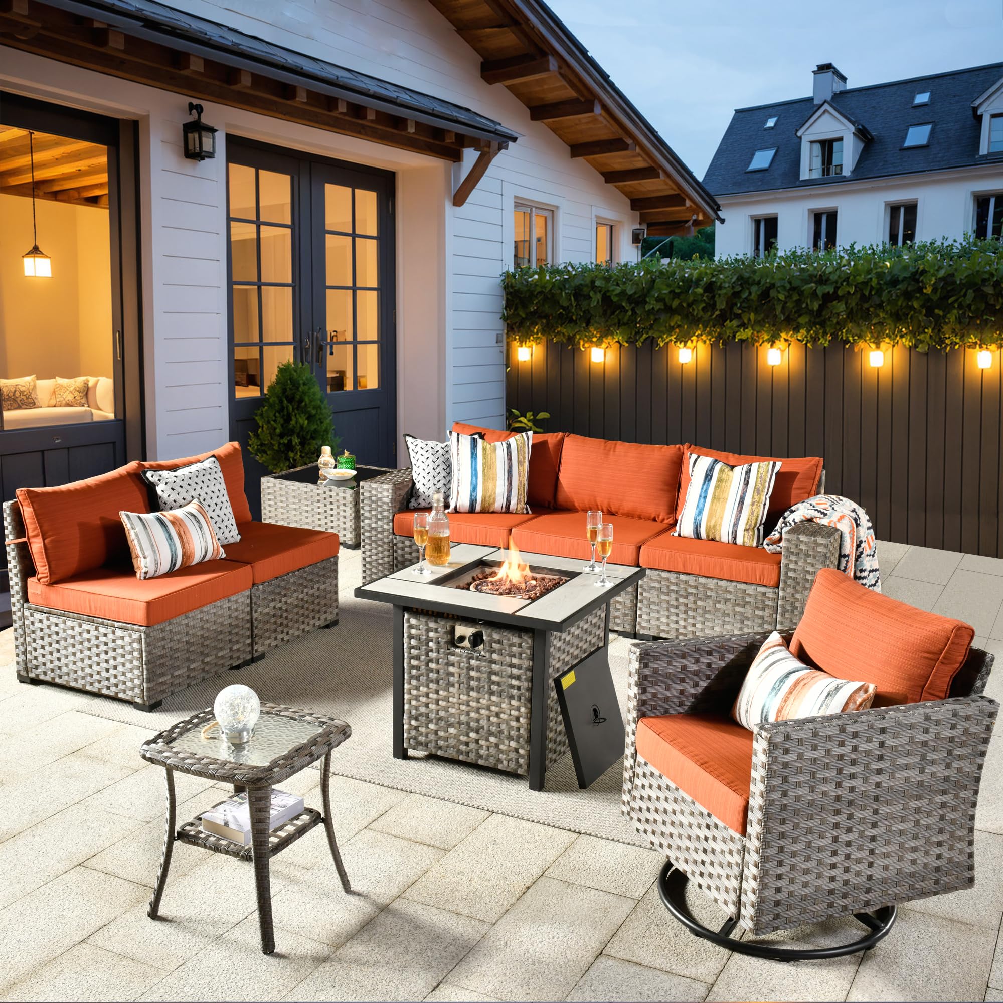 Ovios 9 Pieces Patio Furniture Set, Outdoor Sectional Sofa with Swivel Rocking Chair, 30