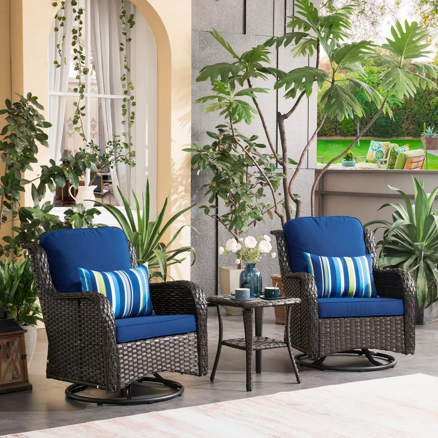 Ovios Patio Furniture Set 3-Piece with Swivel Chairs and Side Table Kenard