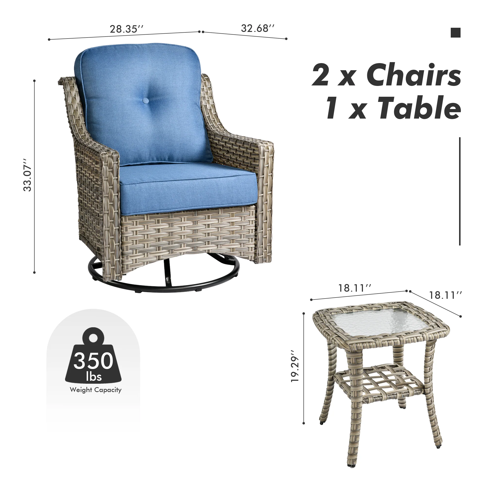 Ovios Conversation Set 3-Piece PAD Series,Swivel Chair