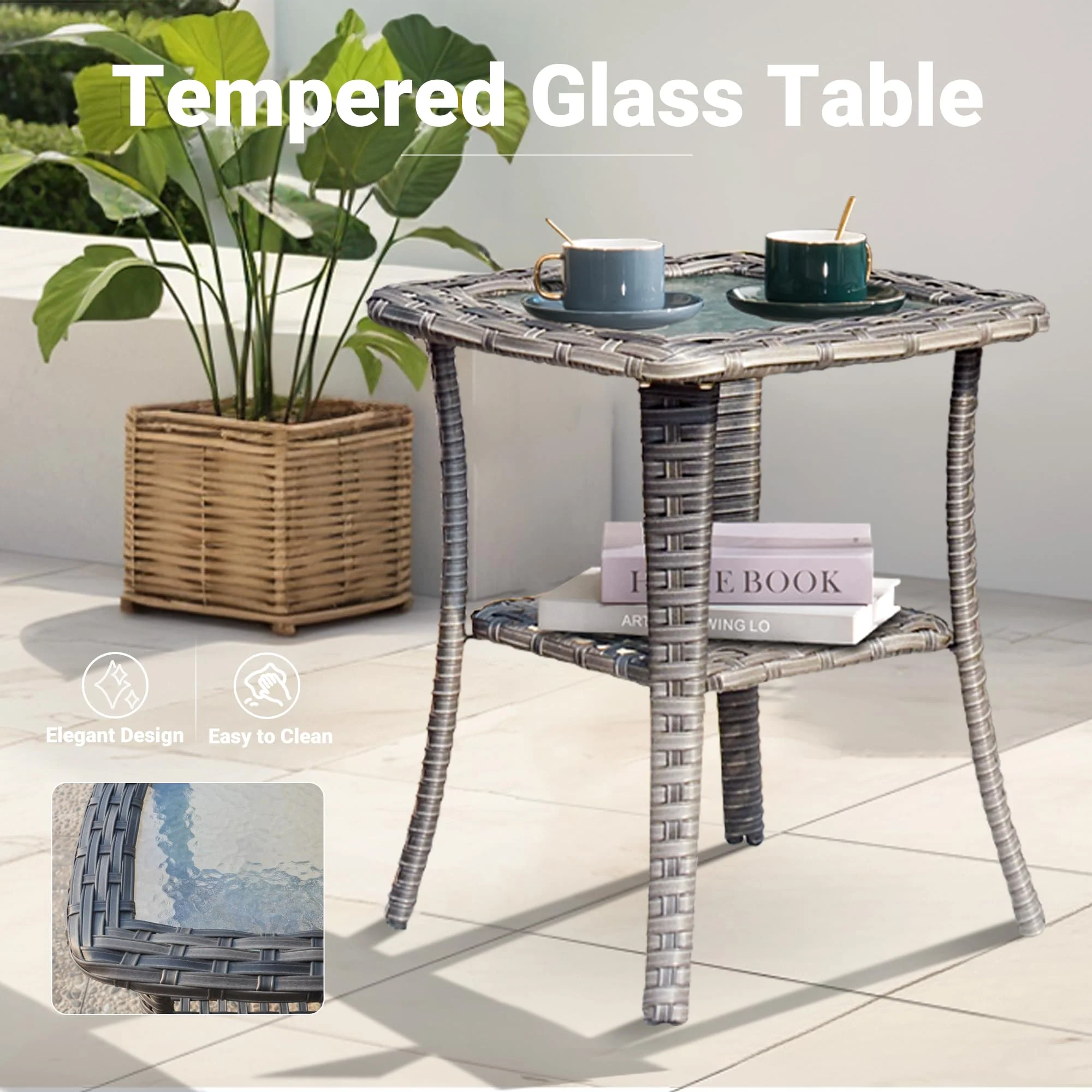 Ovios Patio Furniture 3-Piece Set with Swivel Chairs and Table Square Shape Armrest