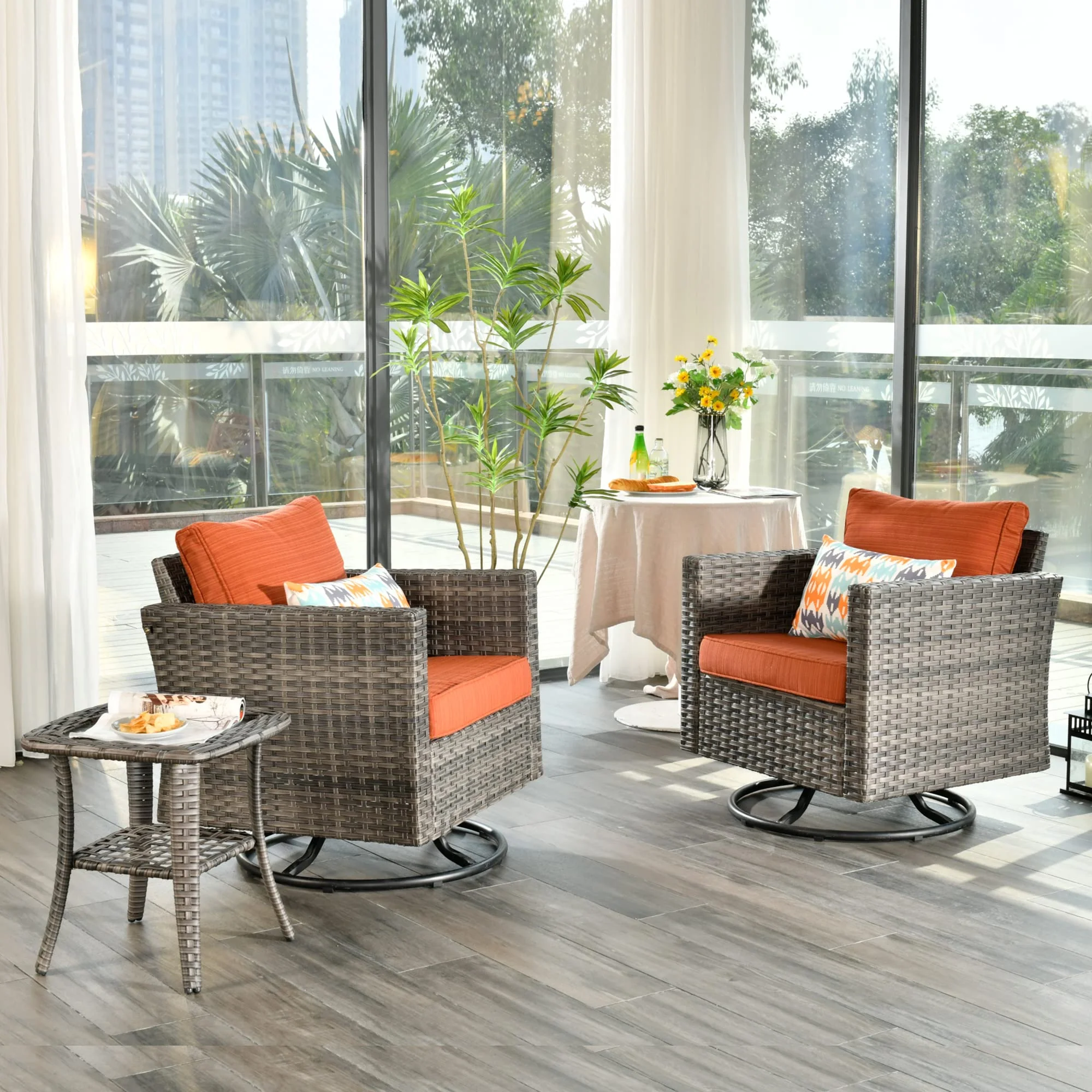 Ovios Patio Furniture 3-Piece Set with Swivel Chairs and Table Square Shape Armrest