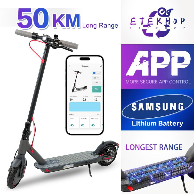 ETEKHOP EP40 Electric scooter, 8.5-inch tires, ultra long range up to 30/32 miles, 350W motor and 19 miles/hour portable folding commuting electric scooter, suitable for adults, equipped with dual braking system and applications