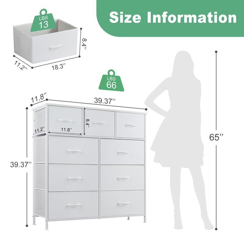 Fabric Storage Tower with 9 Drawers, Bedroom Drawer Dresser Organizer, Chest of Drawers with Fabric Bins, Steel Frame and Wood Top