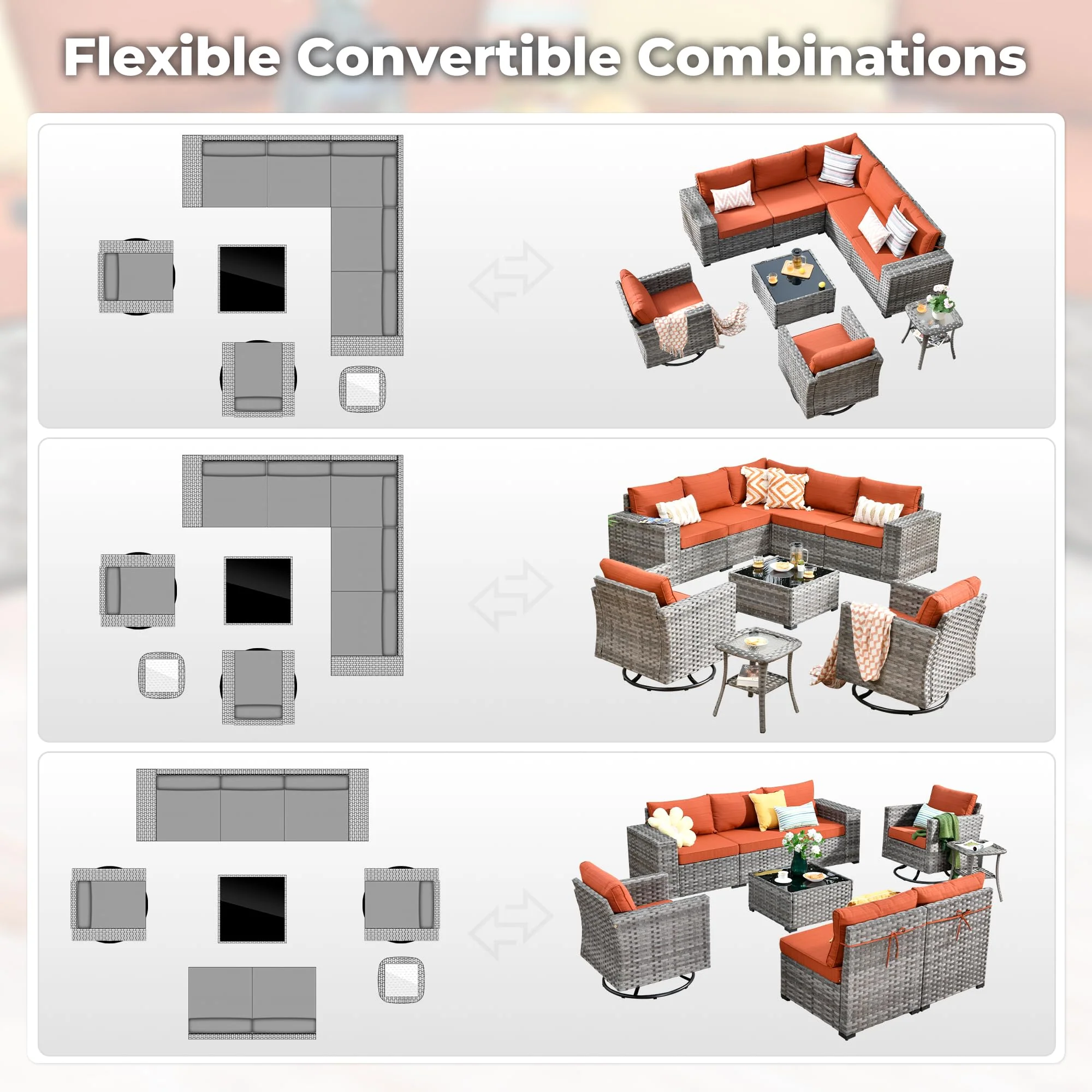 Ovios 9 Pieces Outdoor Furniture with 7.68'' Broad Handrails and Rocking Chair