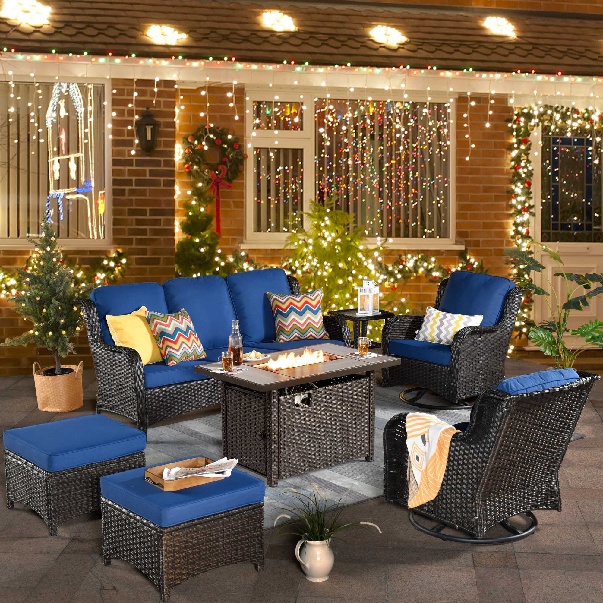 Ovios Patio 7-Piece Conversation Set with 42'' Rectangle Propane Fire Pit Table and Rocking Chairs Kenard