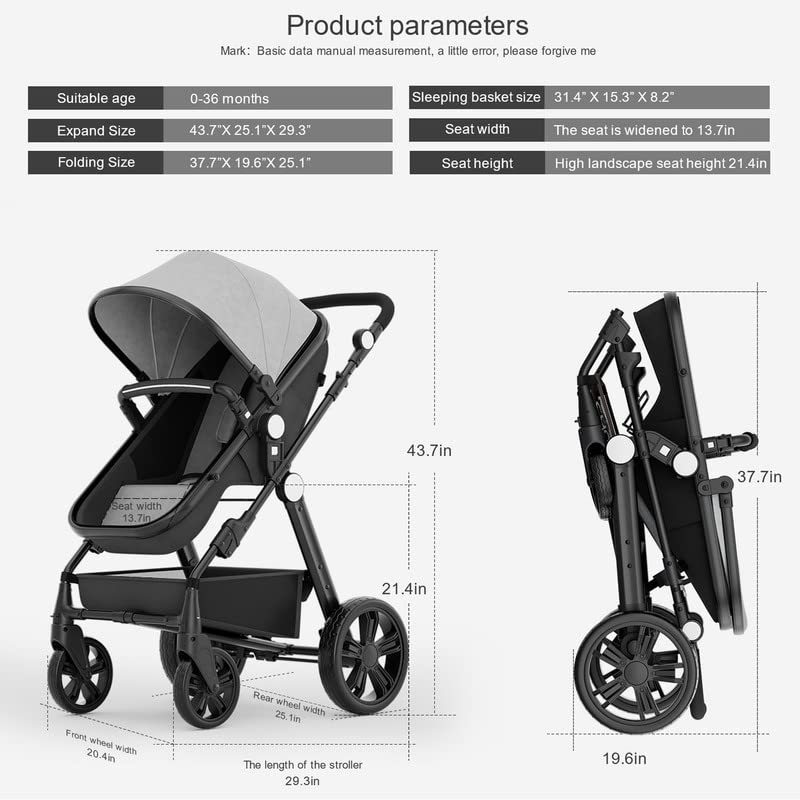 Baby Stroller Newborn Carriage Infant Reversible Bassinet to Luxury Toddler Vista Seat for Boy Girl Compact Single All Terrain Babies Pram Strollers Add Stroller Cover, Cup Holder, Net