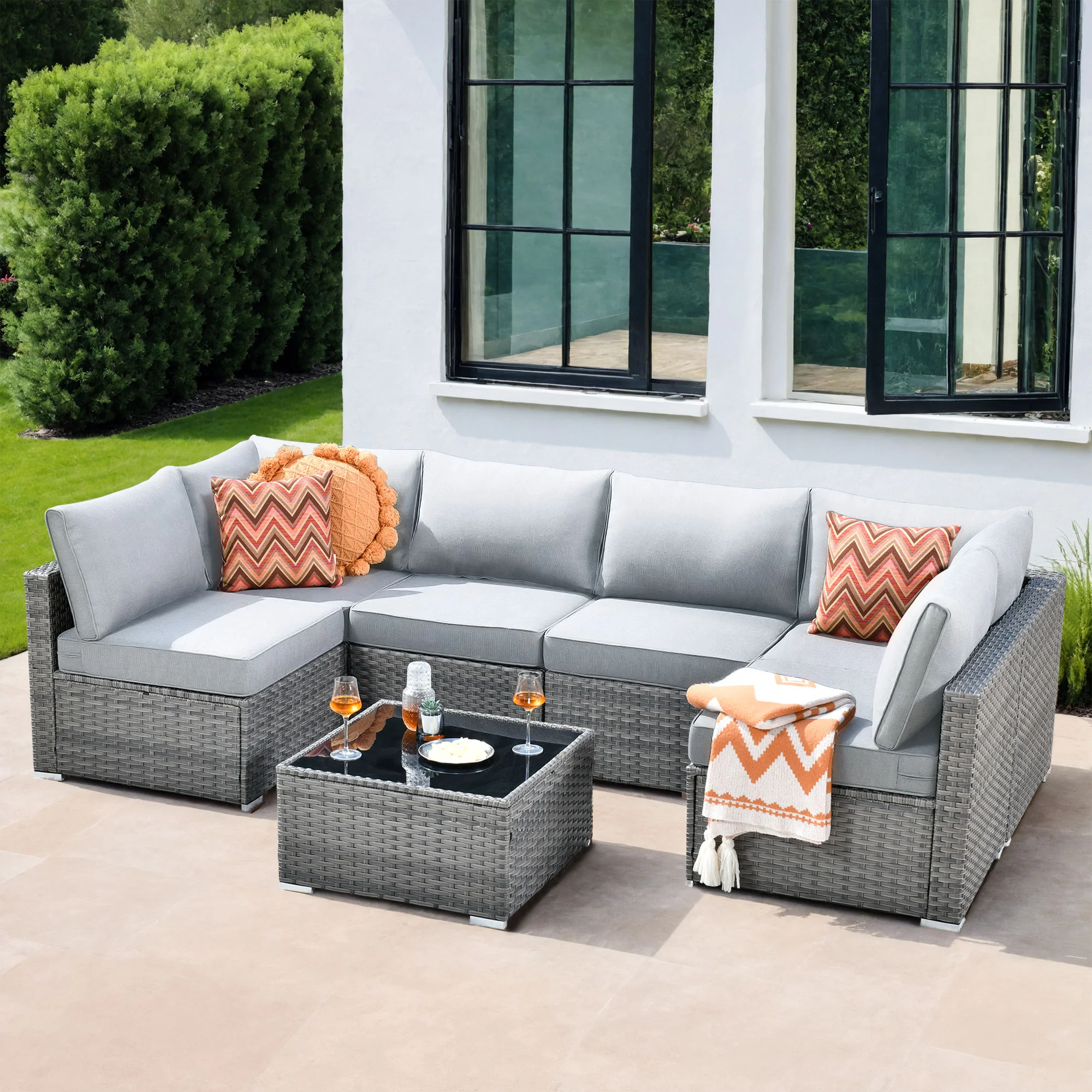 Ovios Outdoor Sectional Furniture 7-Piece with Cushions and Table