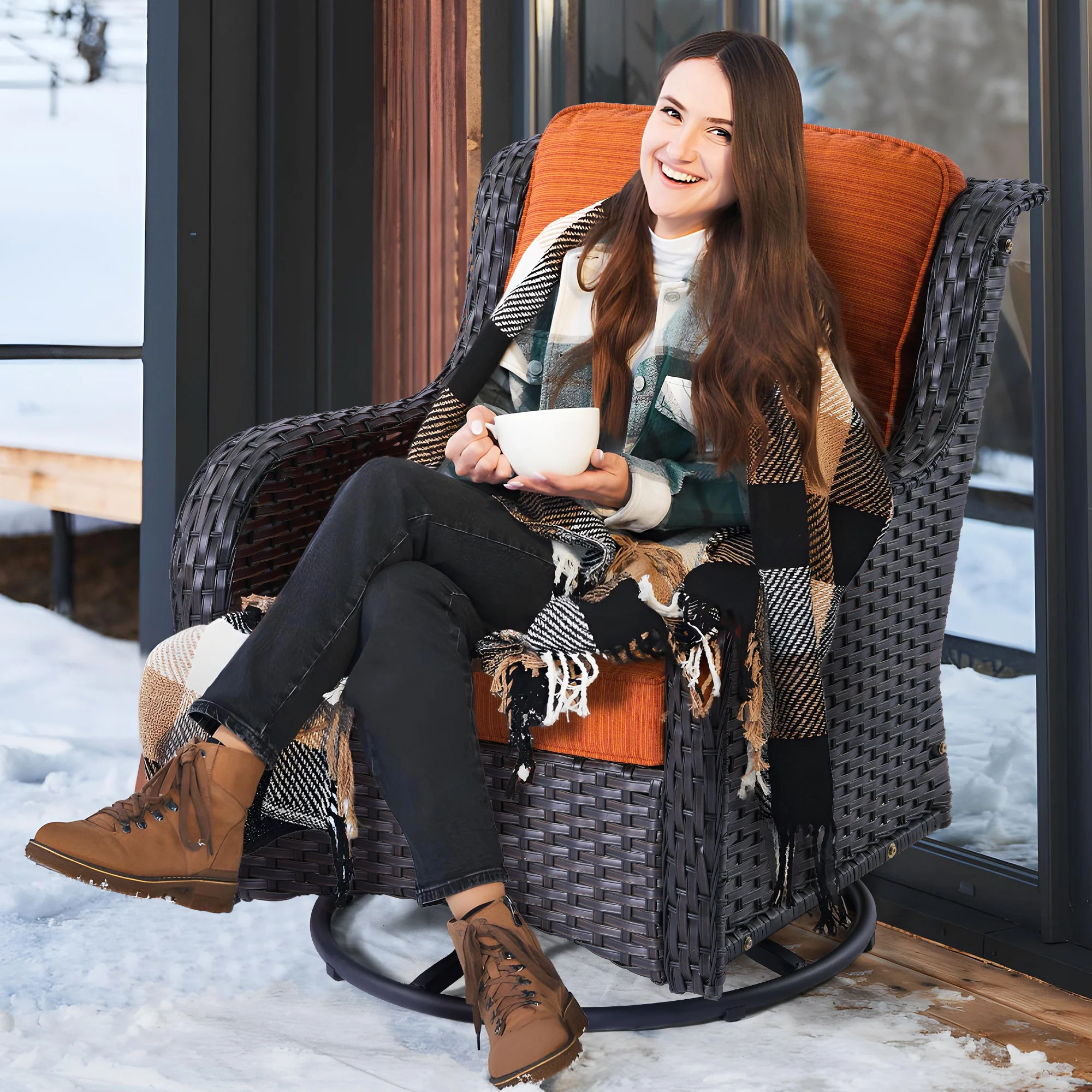 Ovios Patio 7-Piece Conversation Set with 42'' Rectangle Propane Fire Pit Table and Rocking Chairs Kenard