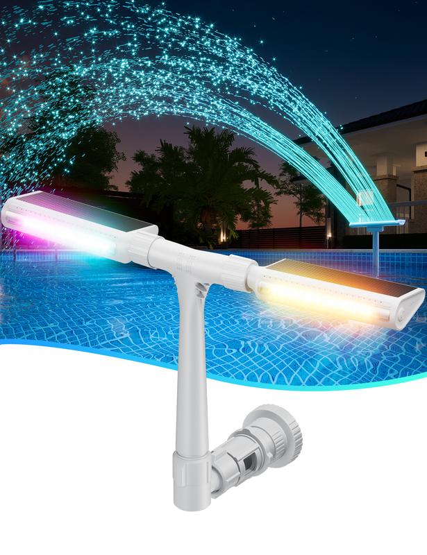Solar Pool Fountain with Lights Dual Arc - Above/Inground Pool Fountain Lights with Remote Control, Adjustable Sprinkler Fountain with Dual Spray Heads, Auto Light & Fountain Activation, Pool