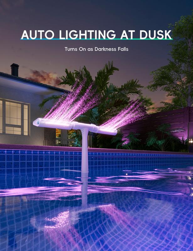 Solar Pool Fountain with Lights Dual Arc - Above/Inground Pool Fountain Lights with Remote Control, Adjustable Sprinkler Fountain with Dual Spray Heads, Auto Light & Fountain Activation, Pool