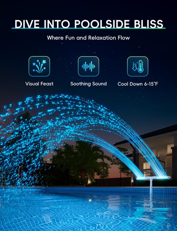 Solar Pool Fountain with Lights Dual Arc - Above/Inground Pool Fountain Lights with Remote Control, Adjustable Sprinkler Fountain with Dual Spray Heads, Auto Light & Fountain Activation, Pool