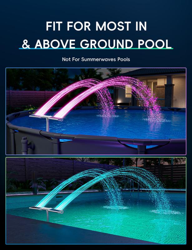 Solar Pool Fountain with Lights Dual Arc - Above/Inground Pool Fountain Lights with Remote Control, Adjustable Sprinkler Fountain with Dual Spray Heads, Auto Light & Fountain Activation, Pool