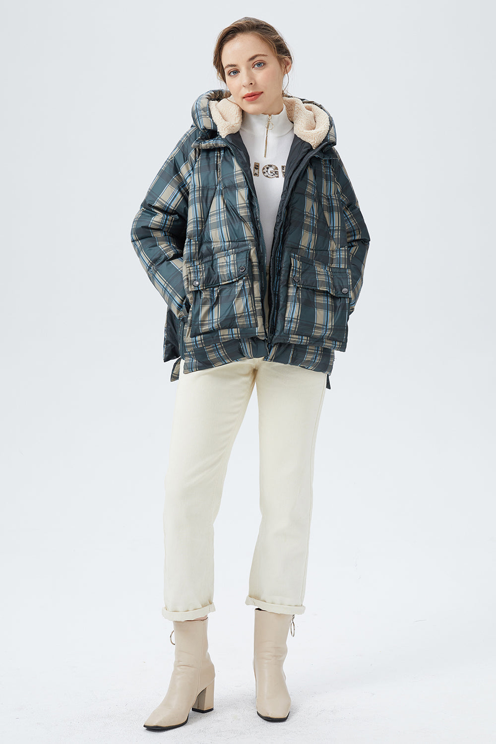 women's hooded Plaid Print Down Jacket