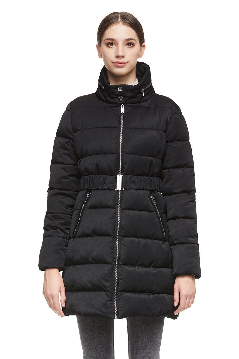 Women's Stand Collar Down Jacket With Belted