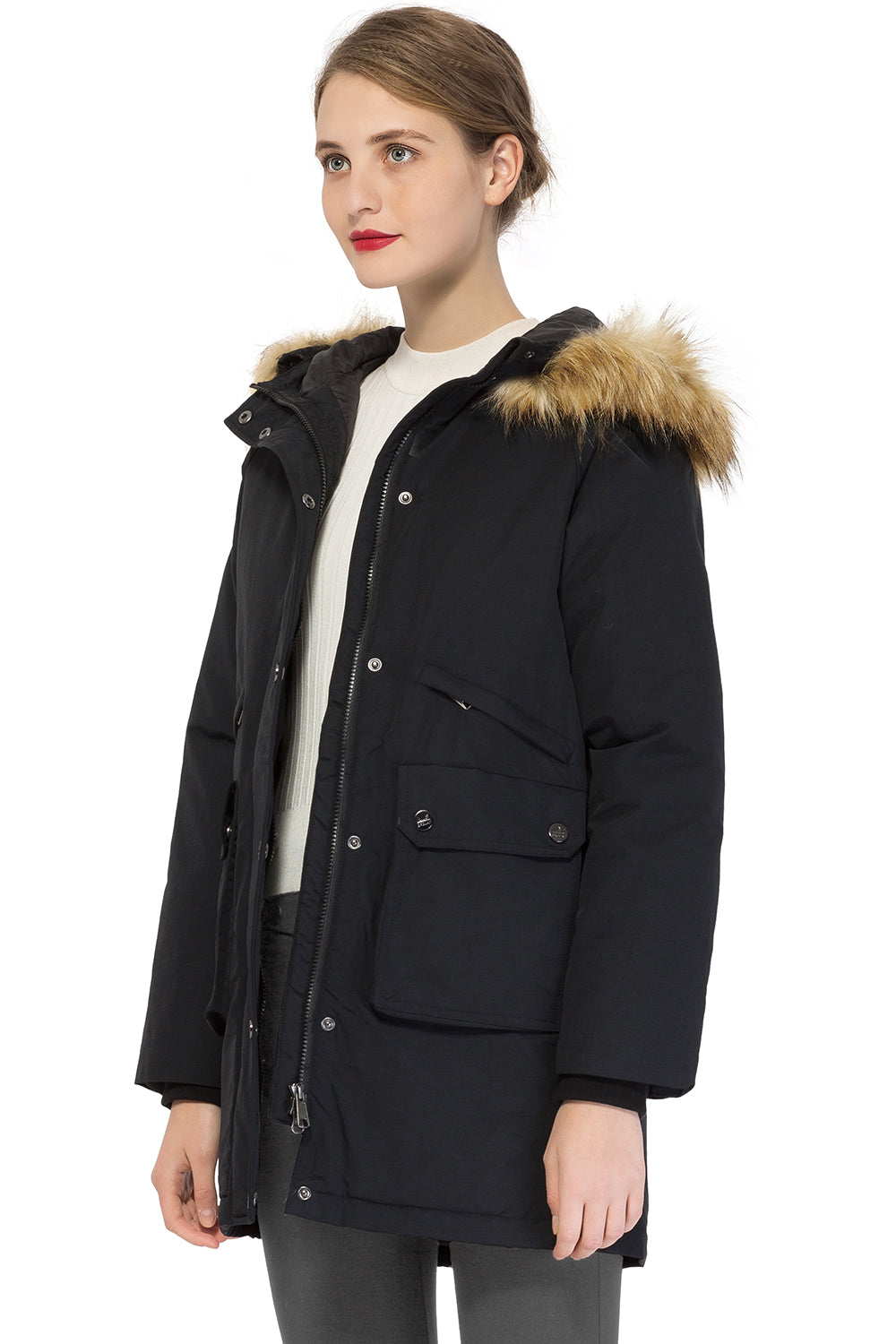 Women's Down Jacket with Pockets Removable Fur