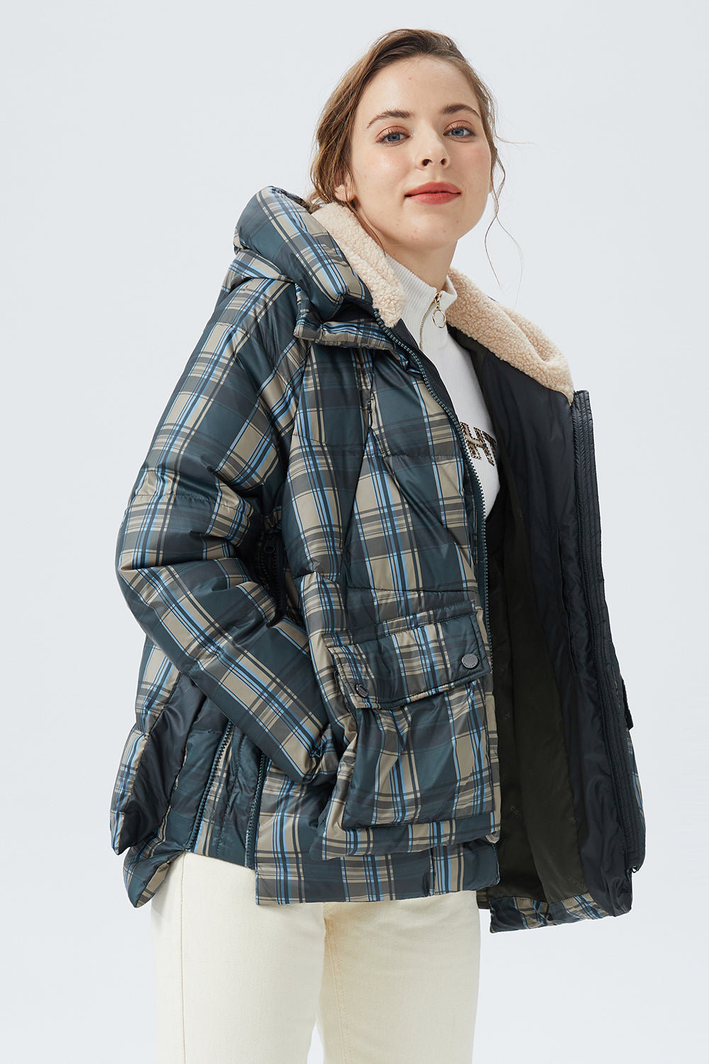 women's hooded Plaid Print Down Jacket