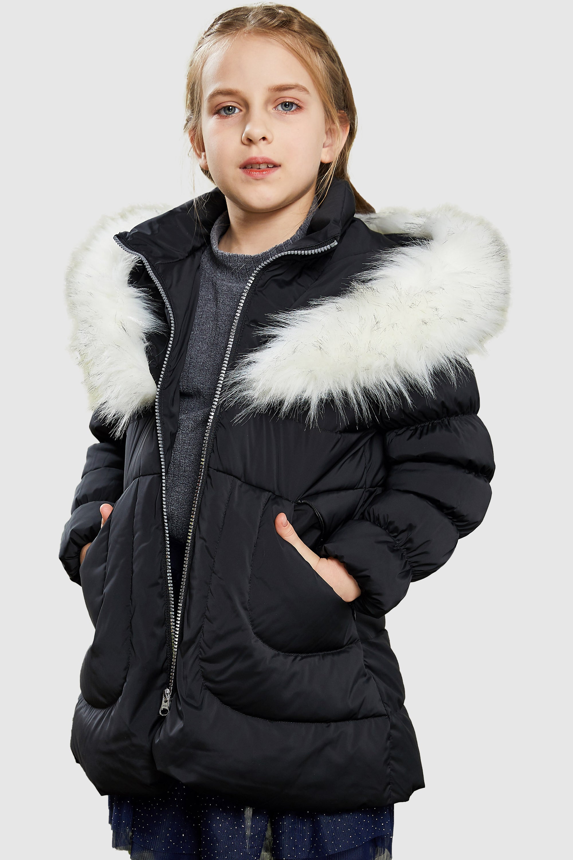 Kid's Puffer Zipper Pockets Hooded Down Coat