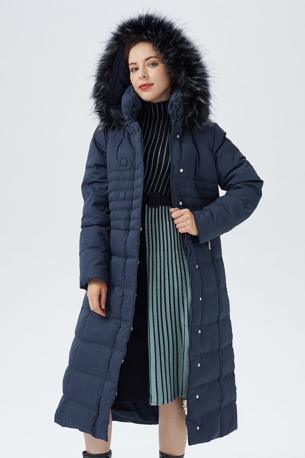 Women's Warm Down Jacket with Hood Fur Long Puffer Coat