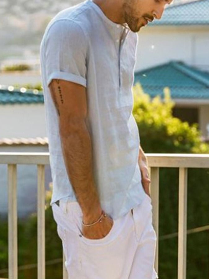 Men's Linen Stand Collar Short Sleeve Shirt
