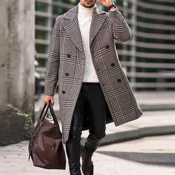 Men's Classic Fashion Plaid Lapel Woolen Coat