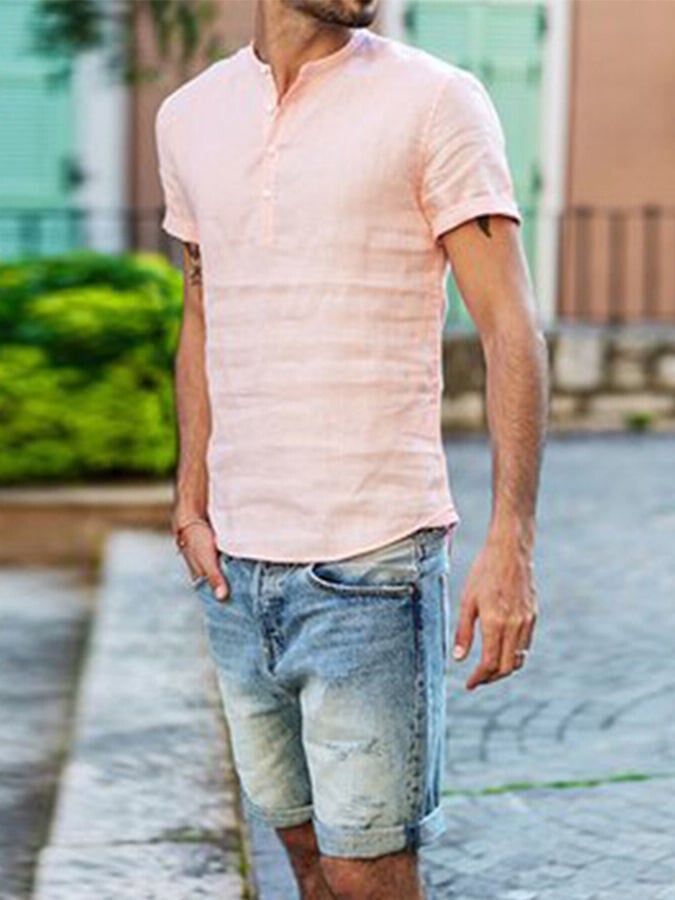 Men's Linen Stand Collar Short Sleeve Shirt