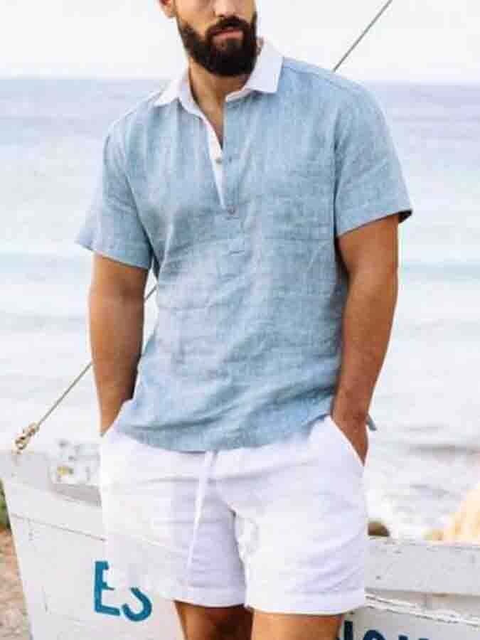 Men's Light Blue Casual Cotton Linen Shirt