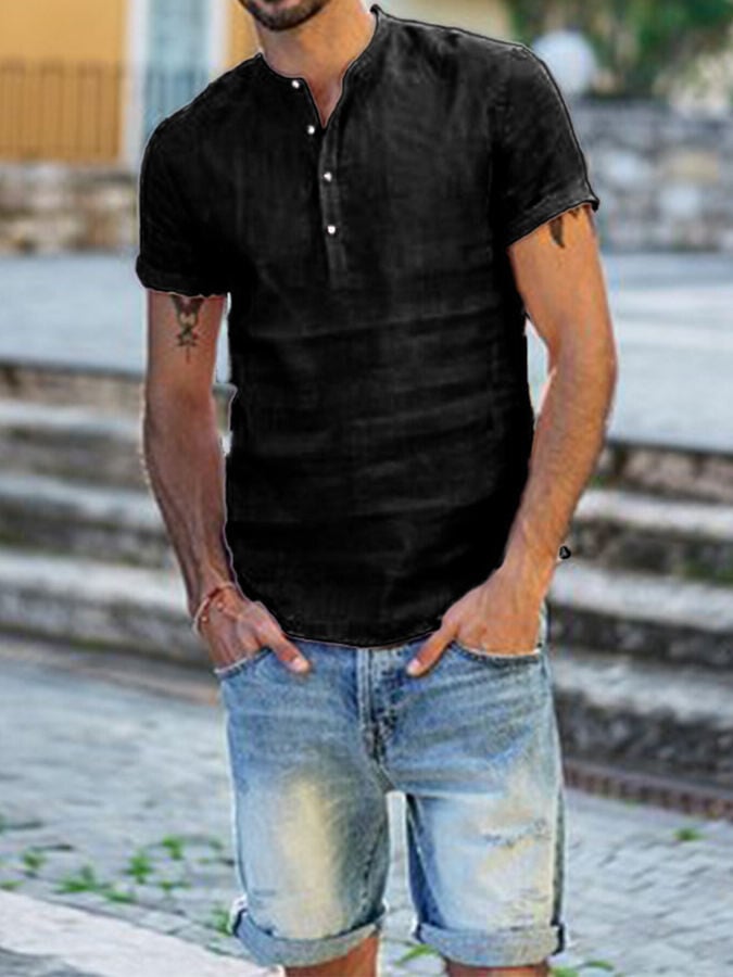 Men's Linen Stand Collar Short Sleeve Shirt