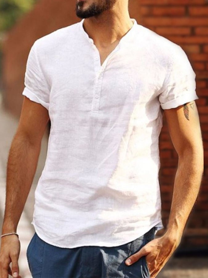 Men's Linen Stand Collar Short Sleeve Shirt