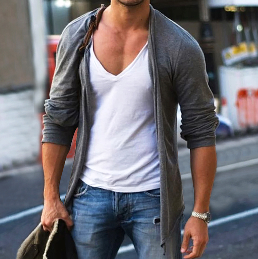 Men's Simple Irregular Hem Solid Cotton Cardigan