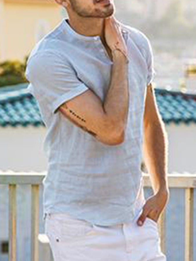 Men's Linen Stand Collar Short Sleeve Shirt