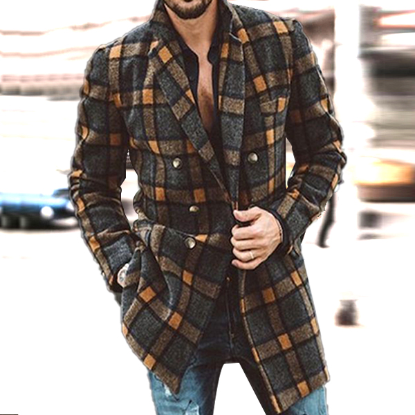 Men's Classic Fashion Plaid Lapel Woolen Coat