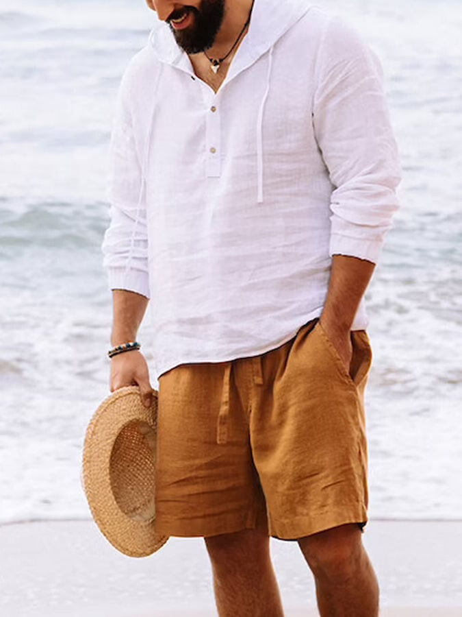 Men's Pure Color Casual Cotton Linen Hooded Shirt