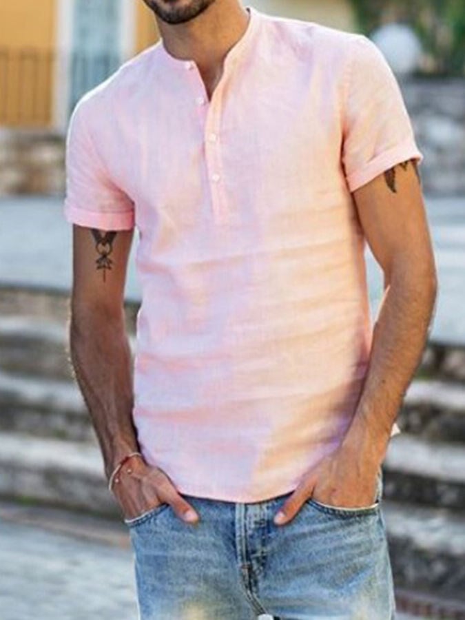 Men's Linen Stand Collar Short Sleeve Shirt
