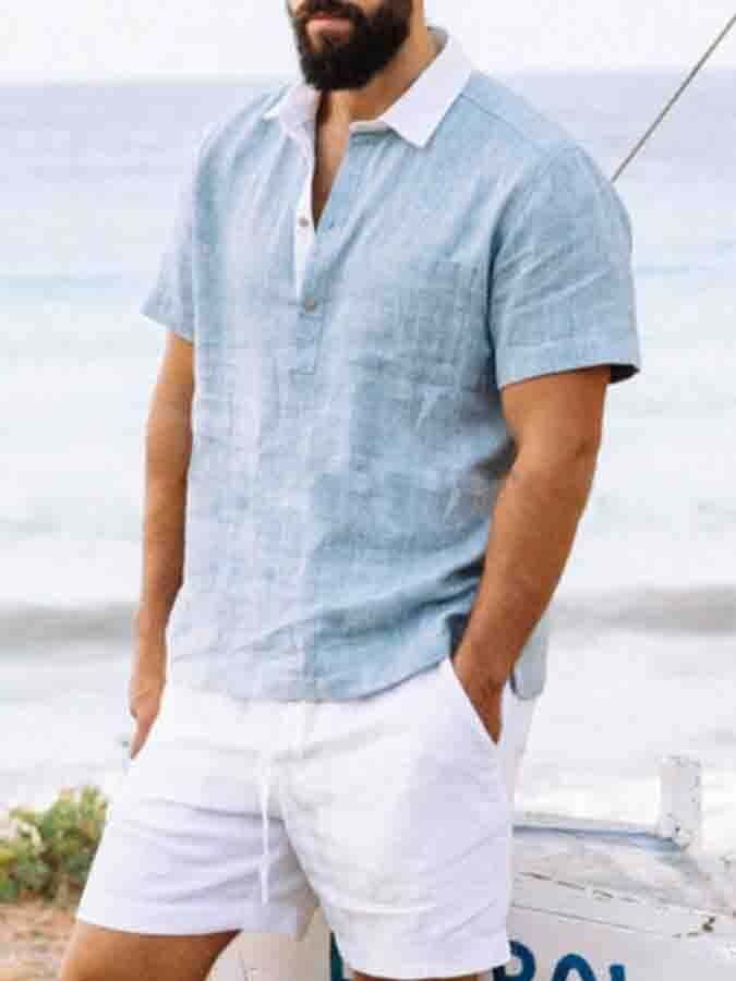 Men's Light Blue Casual Cotton Linen Shirt
