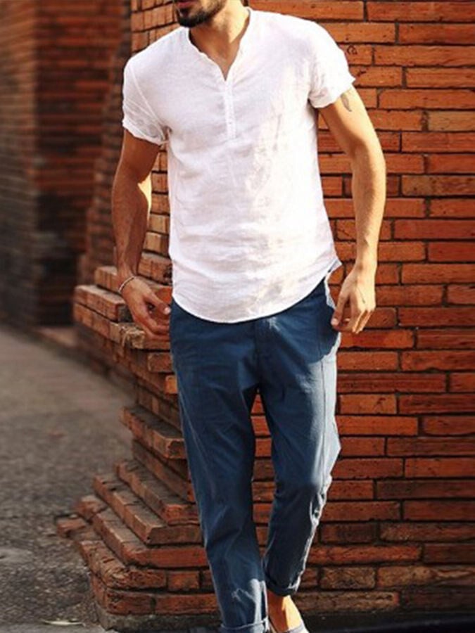 Men's Linen Stand Collar Short Sleeve Shirt