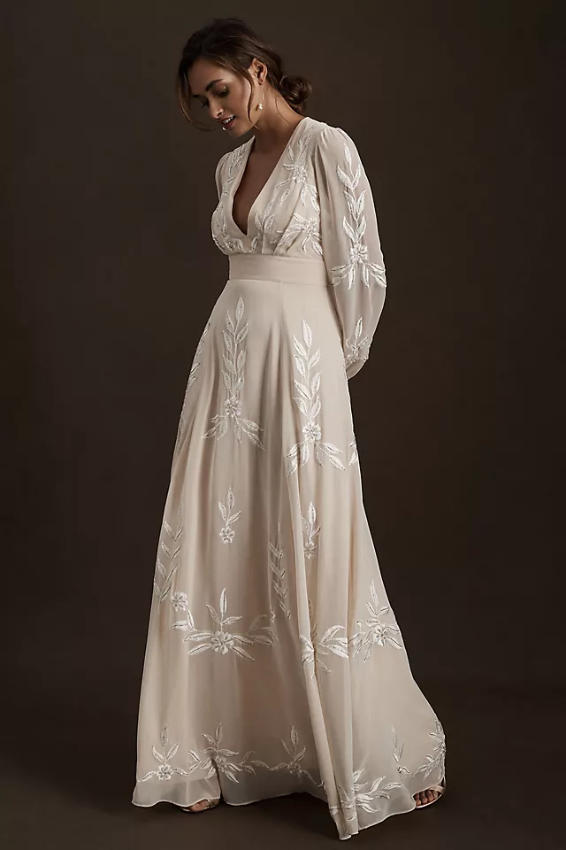BHLDN Belize Embroidered ALine LongSleeve VNeck Gown Champagne