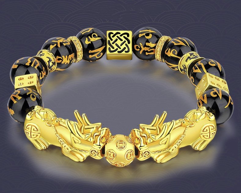 Fortune Double Pixiu Black Obsidian Charm Bracelet