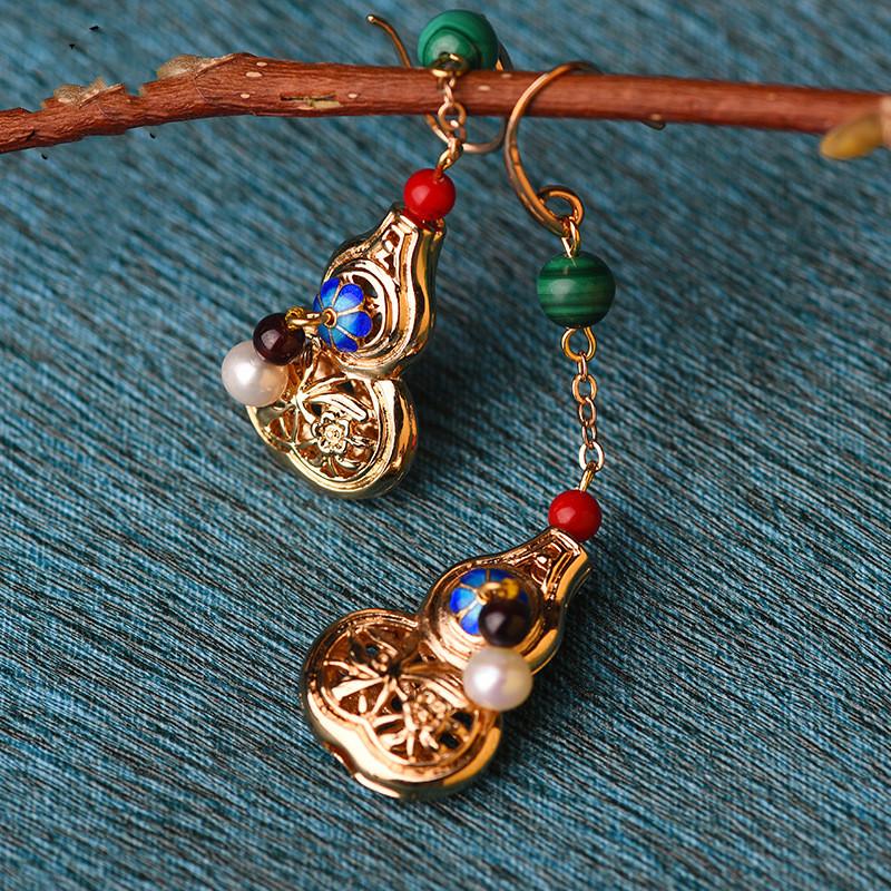 Feng Shui Calabash Gold Cloisonne Wealth Earring