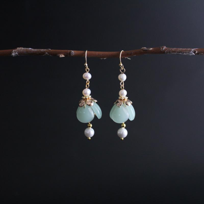 Green Agate Pearl Silver Earrings