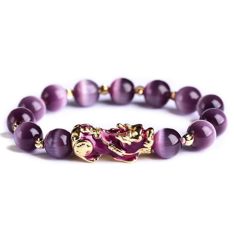 Natural Purple Cat`s Eye Color Changing Pixiu Wealth Bracelet