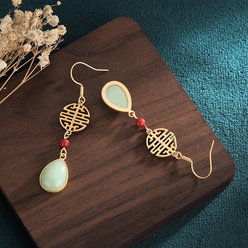 Green Jade Earrings-Red Agate Beads